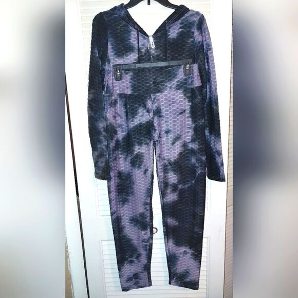 Women's Honeycomb Bubble Texture Tie Dye Butt Lift Activewear Sweatsuit Hooded L - Picture 6 of 9